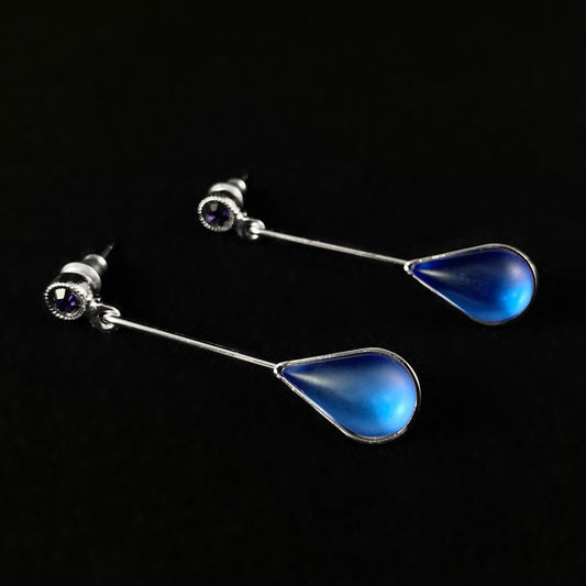 Teardrop Dangle Earrings with Silver Wire and Handmade Glass Beads, Hypoallergenic, Sapphire - Kristina