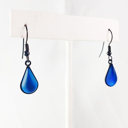 Teardrop Earrings with Black Wire and Handmade Glass Beads, Hypoallergenic, Blue - Kristina