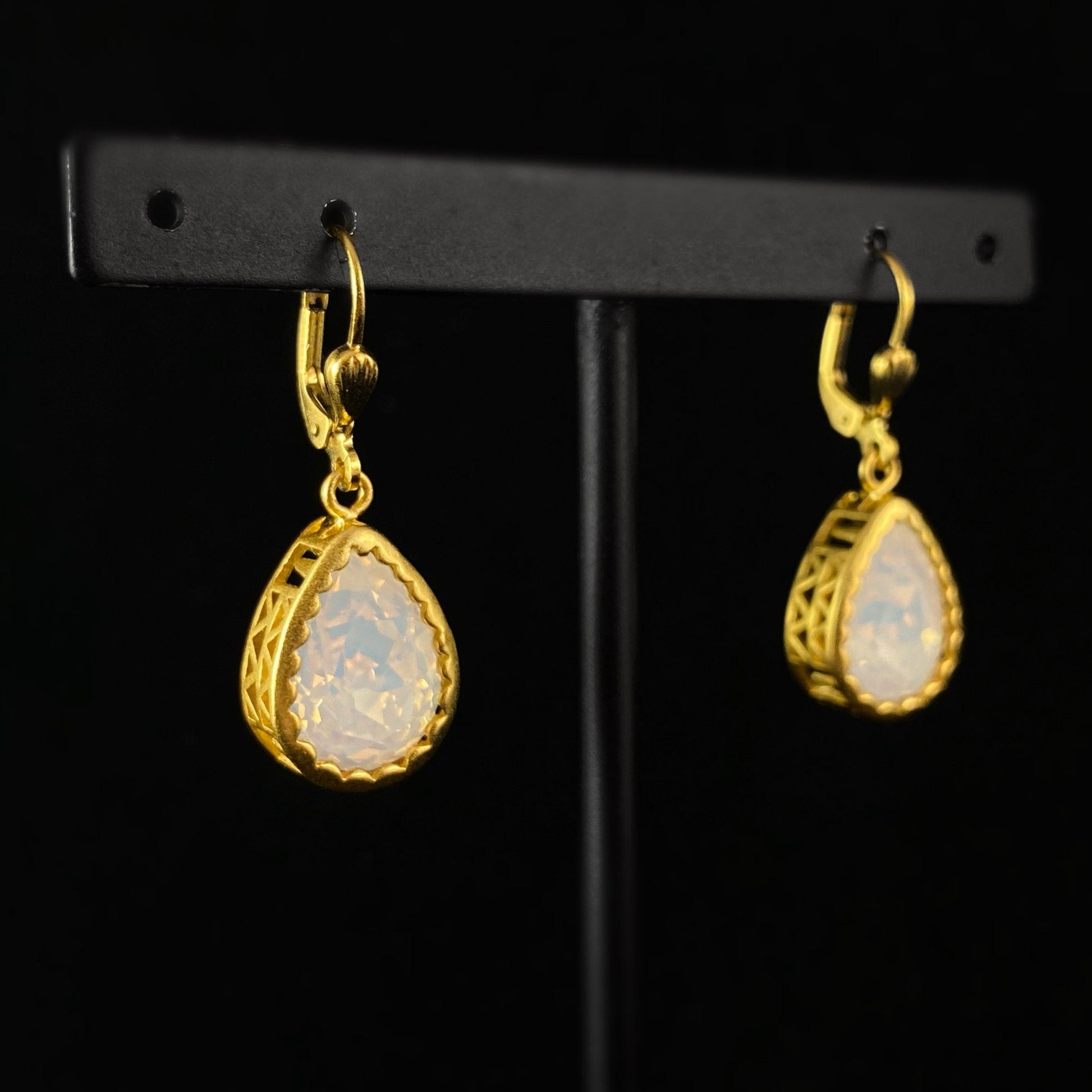 Teardrop Opal Swarovski Crystal Drop Earrings with Intricate Setting Detail - La Vie Parisienne by Catherine Popesco