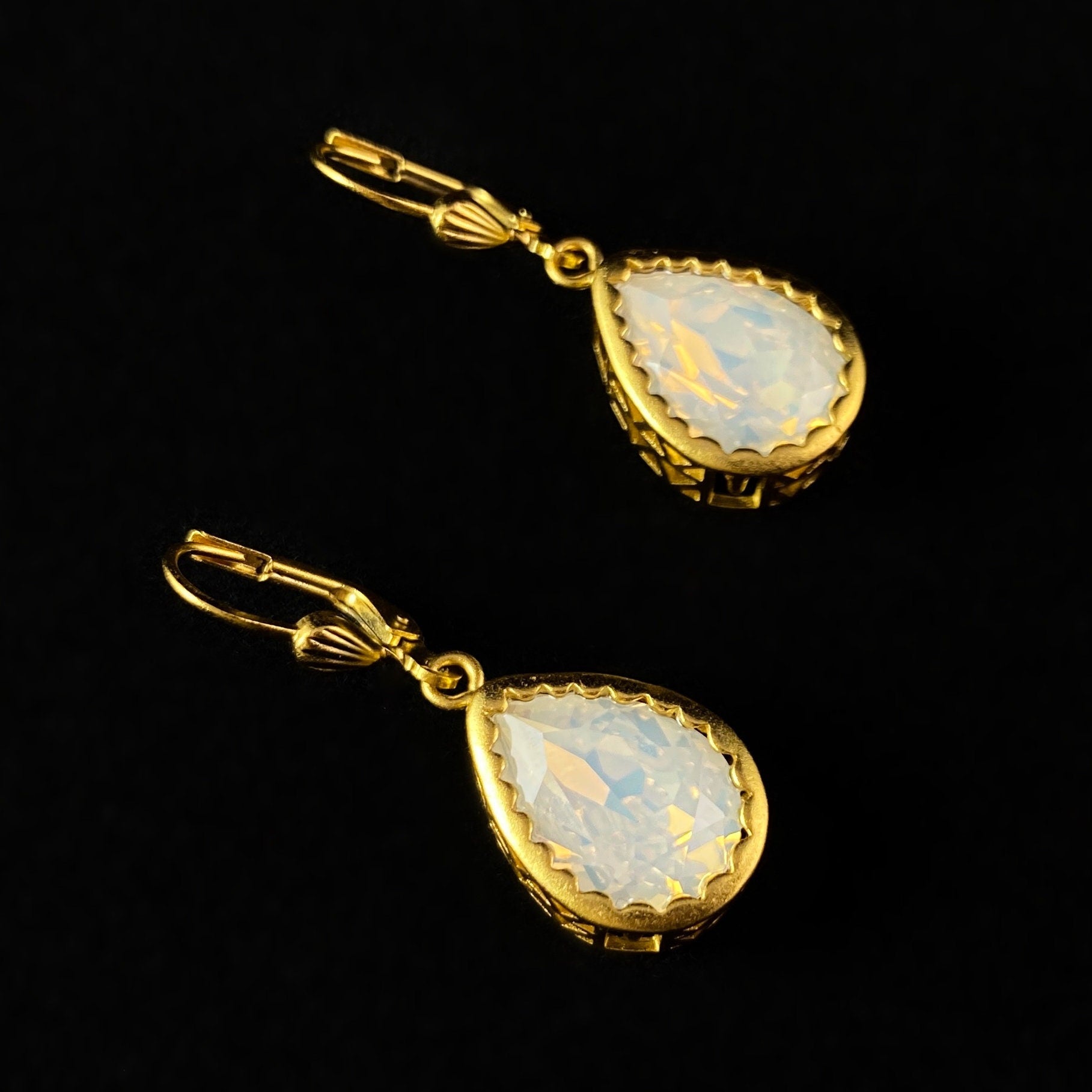 Teardrop Opal Swarovski Crystal Drop Earrings with Intricate Setting Detail - La Vie Parisienne by Catherine Popesco