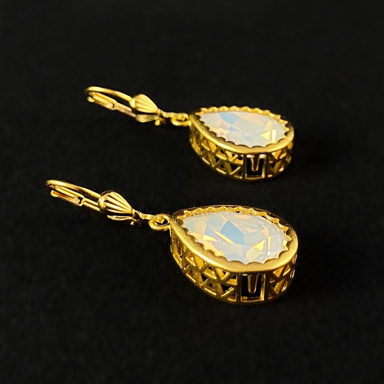 Teardrop Opal Swarovski Crystal Drop Earrings with Intricate Setting Detail - La Vie Parisienne by Catherine Popesco