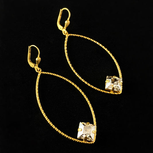 Textured Gold Earrings with Clear Square Cut Swarovski Crystals - La Vie Parisienne by Catherine Popesco
