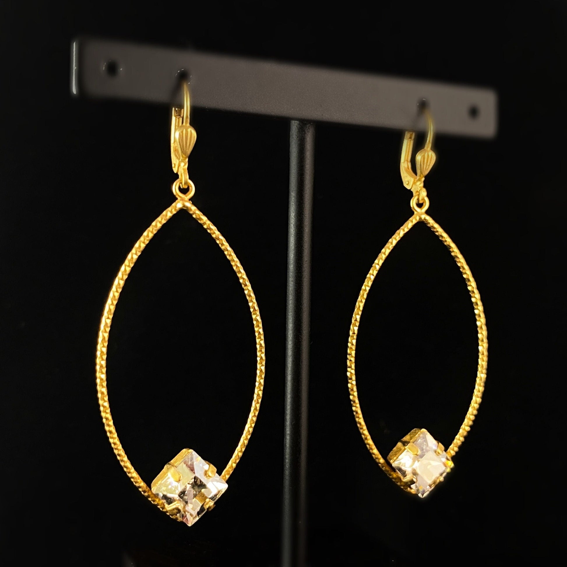 Textured Gold Earrings with Clear Square Cut Swarovski Crystals - La Vie Parisienne by Catherine Popesco