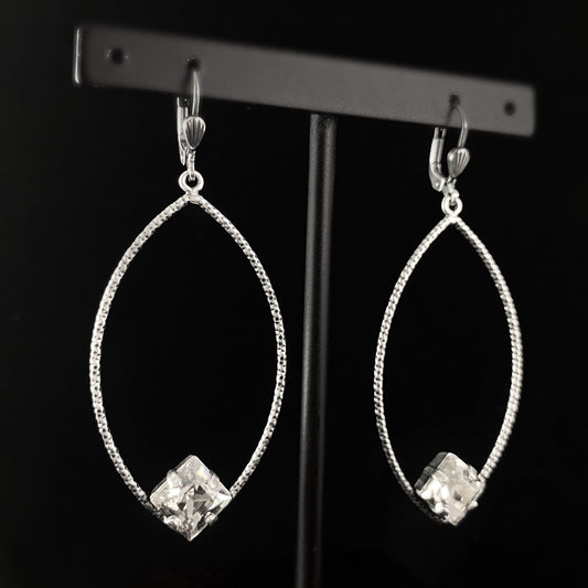 Textured Silver Earrings with Clear Square Cut Swarovski Crystals - La Vie Parisienne by Catherine Popesco