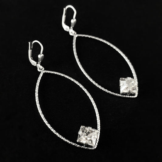 Textured Silver Earrings with Clear Square Cut Swarovski Crystals - La Vie Parisienne by Catherine Popesco