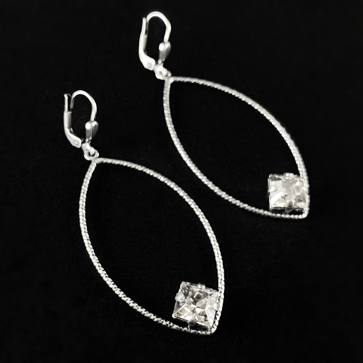 Textured Silver Earrings with Clear Square Cut Swarovski Crystals - La Vie Parisienne by Catherine Popesco