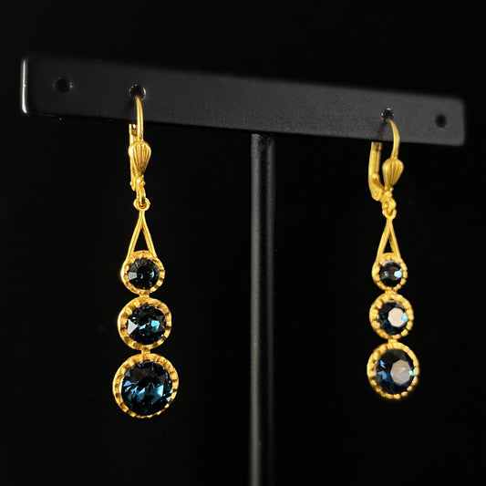 Three Stone Round Cut Swarovski Crystal Teardrop Earrings, Blue - La Vie Parisienne by Catherine Popesco