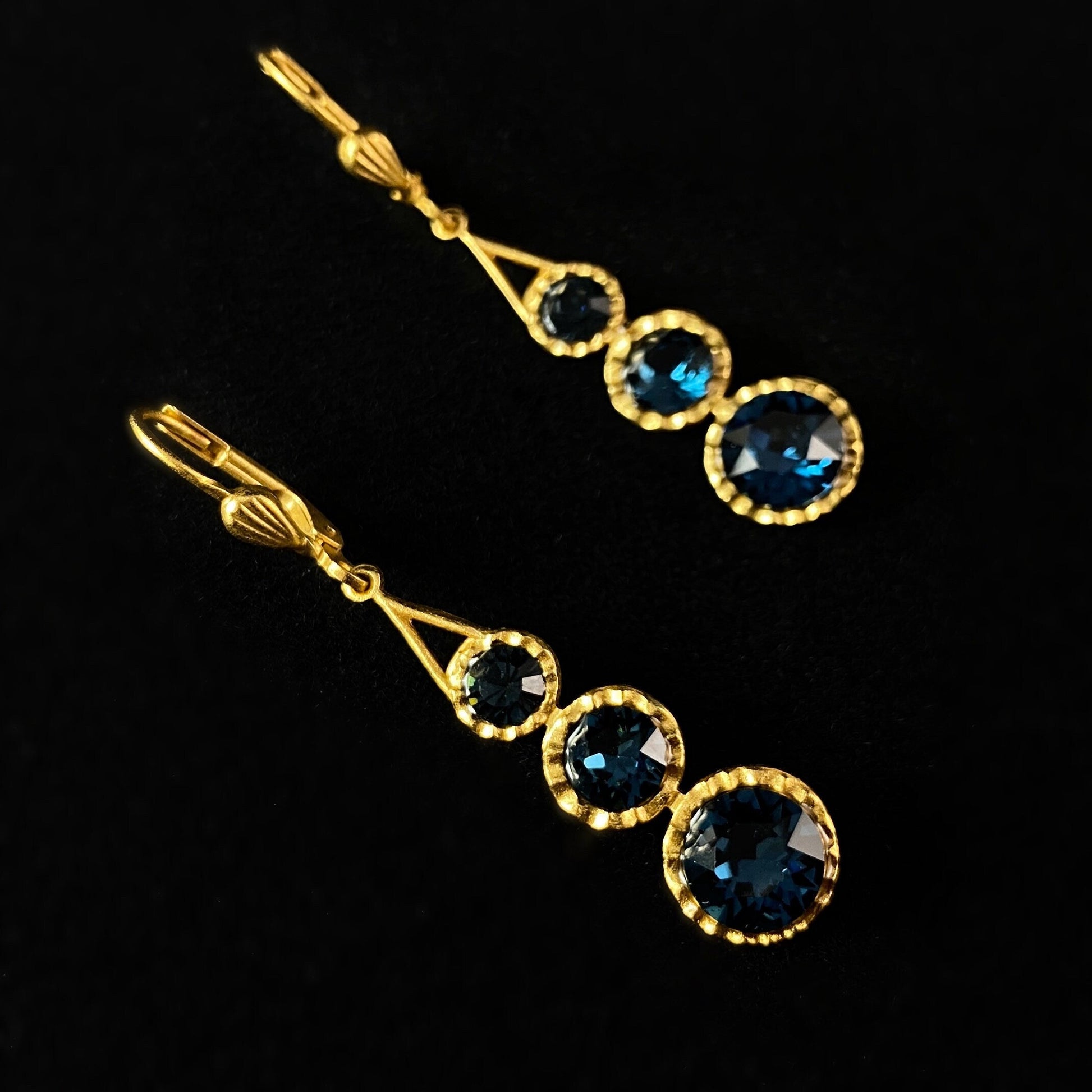 Three Stone Round Cut Swarovski Crystal Teardrop Earrings, Blue - La Vie Parisienne by Catherine Popesco