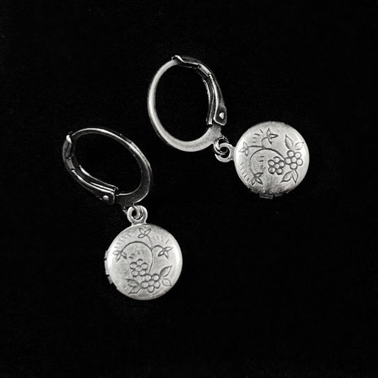 Tiny Silver Locket Drop Earrings with Intricate Floral Detailing- La Vie Parisienne by Catherine Popesco