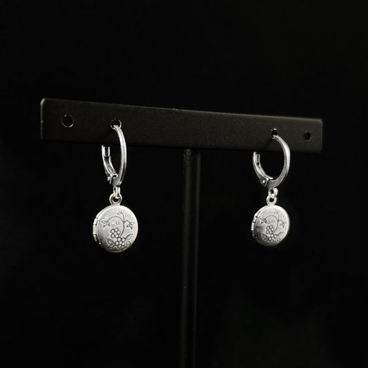 Tiny Silver Locket Drop Earrings with Intricate Floral Detailing- La Vie Parisienne by Catherine Popesco