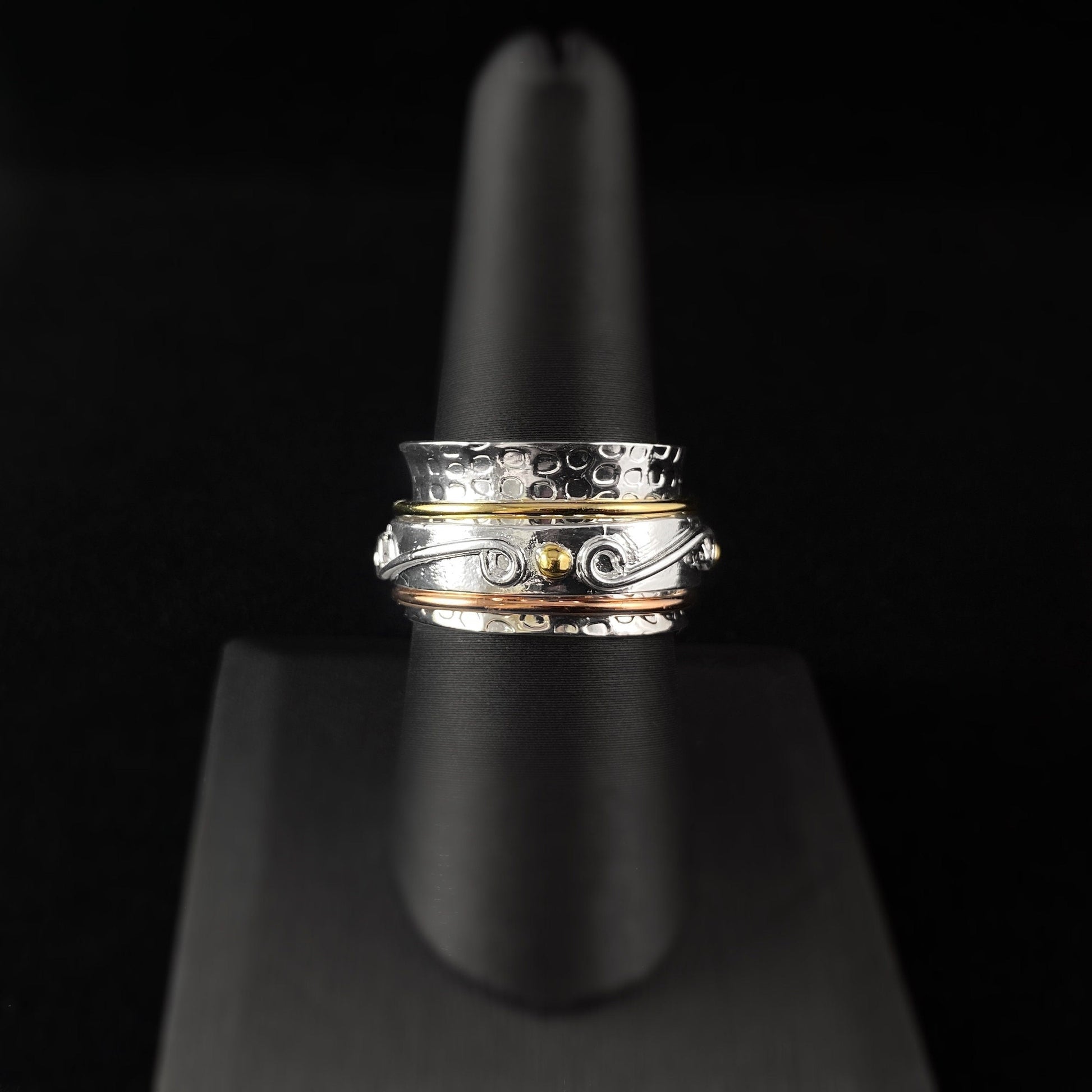 Tri-Color Fidget Ring with 14k Gold and Rose Gold Plated Spinners, and Hammered Sterling Silver Plated Detailing, Size 8