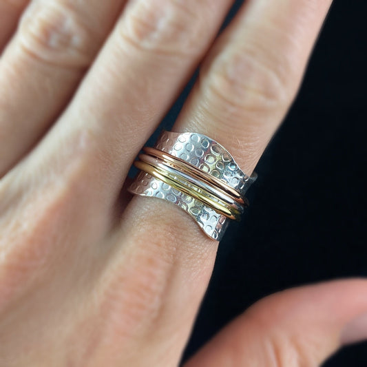 Tri-Color Fidget Ring with 14kt Gold and Rose Gold Spinners and Scalloped Edge Sterling Silver Plated Band, Size 9