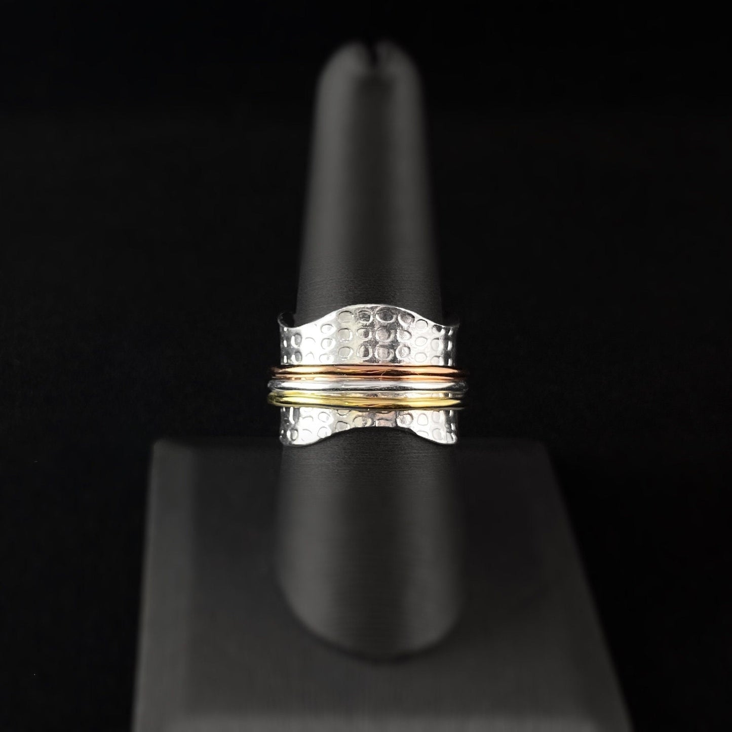 Tri-Color Fidget Ring with 14kt Gold and Rose Gold Spinners and Scalloped Edge Sterling Silver Plated Band, Size 9