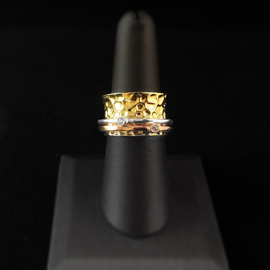 Tri-Color Fidget Ring with Hammered Gold Band and Two Band Spinner with Clear Stones, Size 7