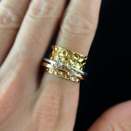 Tri-Color Fidget Ring with Hammered Gold Band and Two Band Spinner with Clear Stones, Size 8
