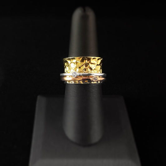 Tri-Color Fidget Ring with Hammered Gold Band and Two Band Spinner with Clear Stones, Size 8