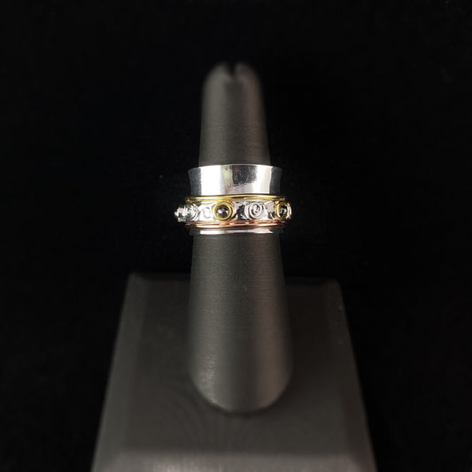 Tri-Color Fidget Ring with Hematite Stones, 14k Gold Plated Spinners, and Hammered Sterling Silver Plated Detailing, Size 7