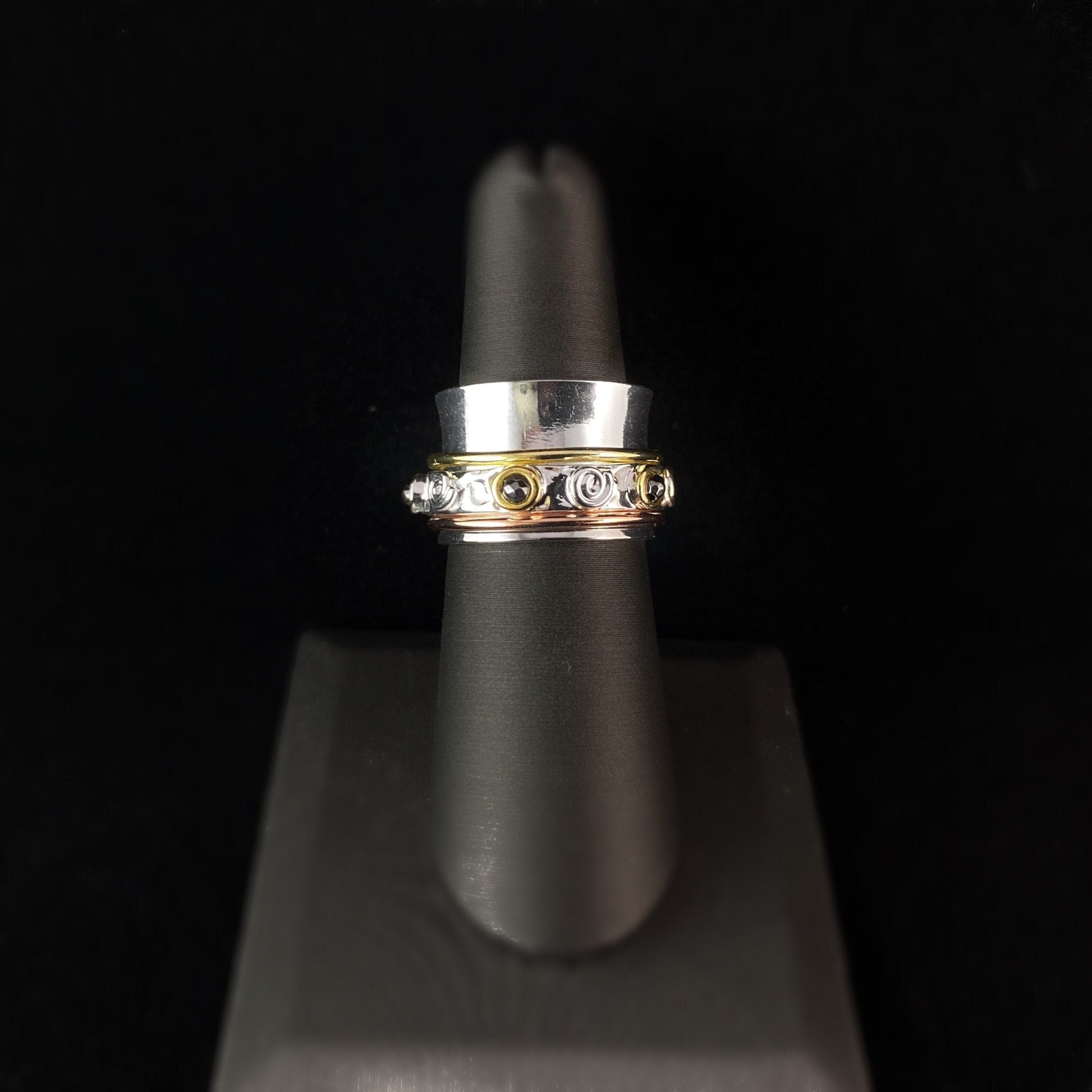 Tri-Color Fidget Ring with Hematite Stones, 14k Gold Plated Spinners, and Hammered Sterling Silver Plated Detailing, Size 7
