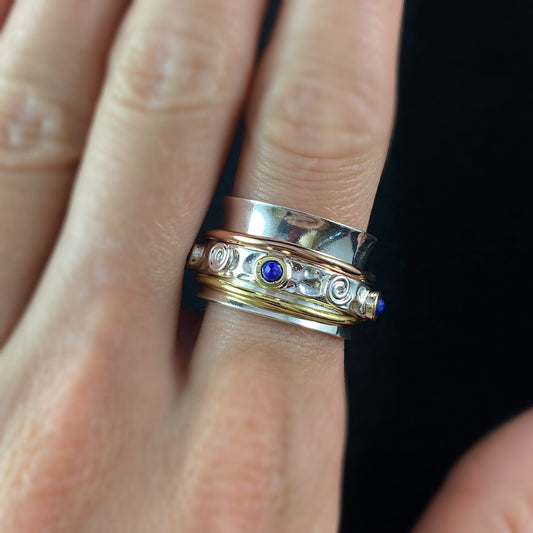 Tri-Color Fidget Ring with Lapis Stones, 14k Gold Plated and Rose Gold Spinners, and Sterling Silver Plated Detailing, Size 7