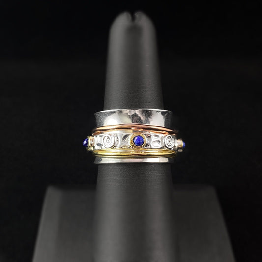 Tri-Color Fidget Ring with Lapis Stones, 14k Gold Plated and Rose Gold Spinners, and Sterling Silver Plated Detailing, Size 7