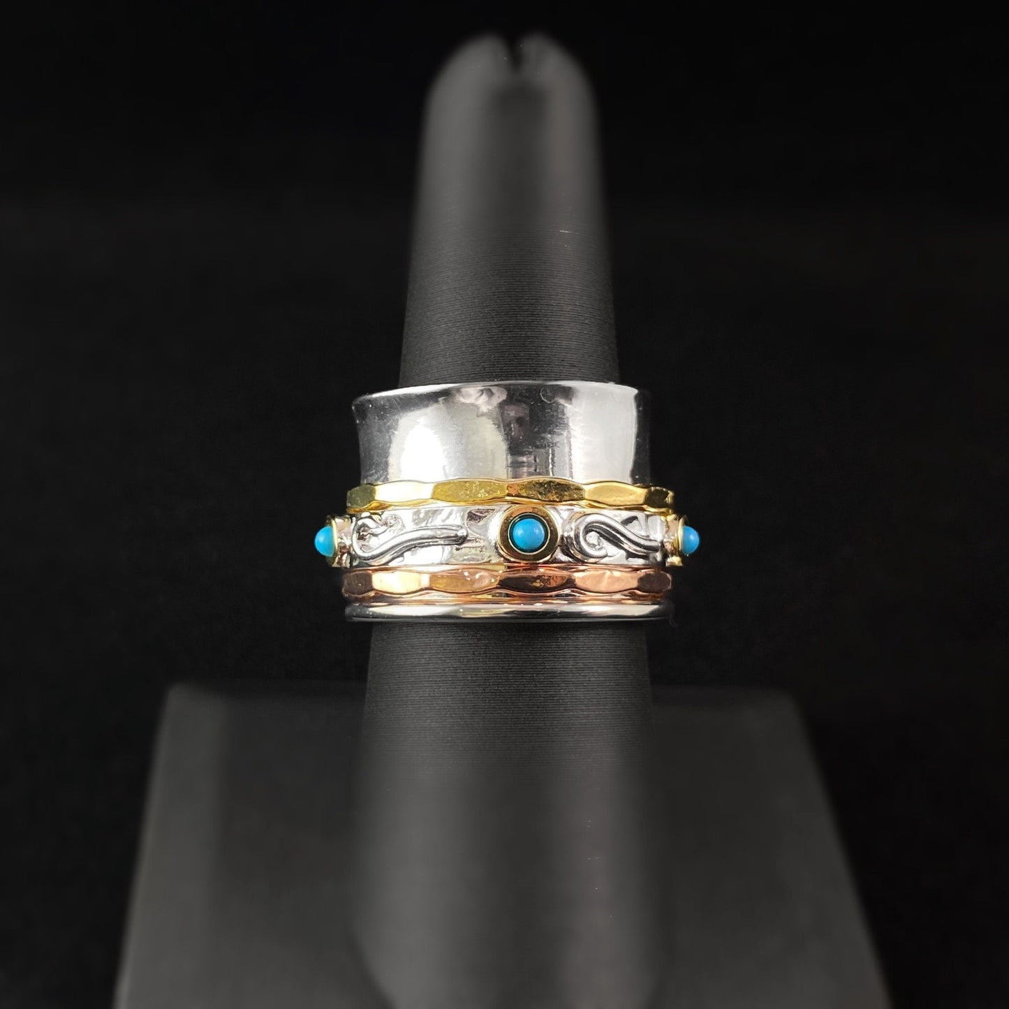 Tri-Color Fidget Ring with Turquoise Stones, 14k Gold Plated and Rose Gold Spinners, and Sterling Silver Plated Detailing, Size 8