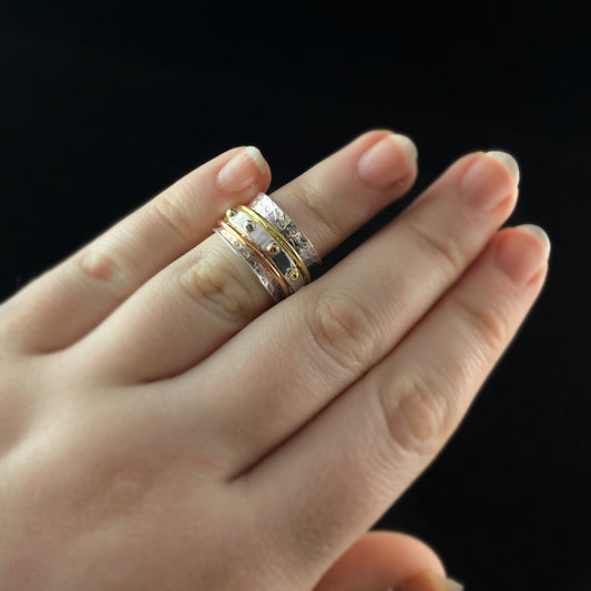 Tri-Tone Fidget Ring with Hammered Sterling Silver Band and Rose Gold Textured Spinner, Size 7