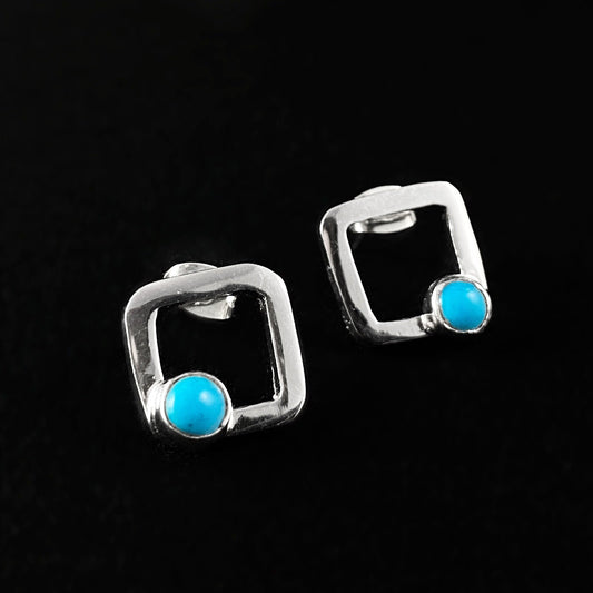Turquoise Accent Handmade Sterling Silver Square Earrings -Designs by Monica