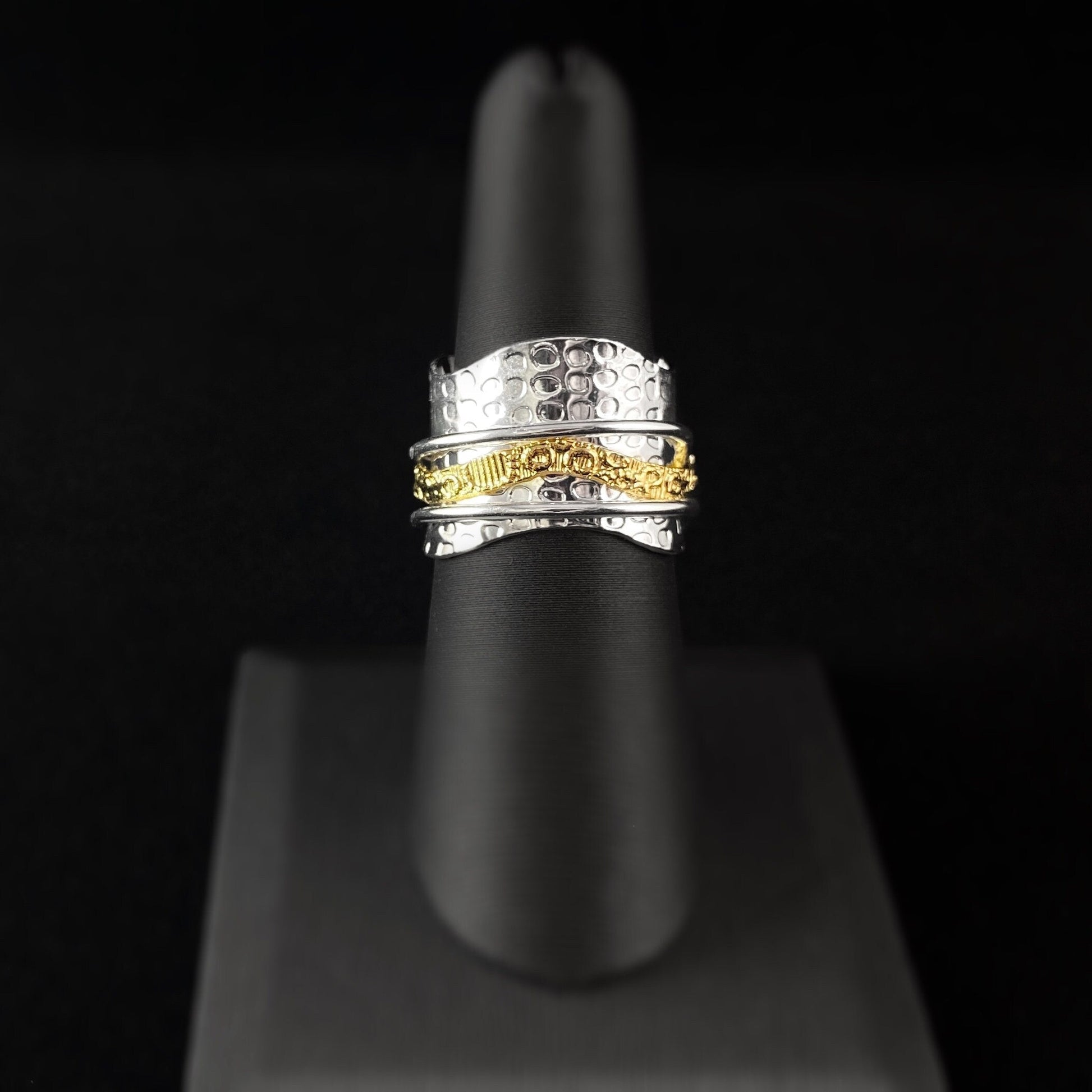 Two-Tone Fidget Ring with 14kt Gold Wave Spinner and Scalloped Edge Sterling Silver Plated Band, Size 7
