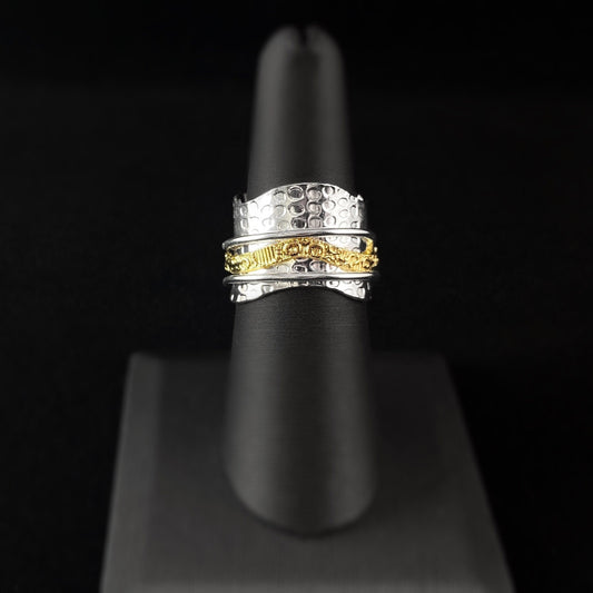 Two-Tone Fidget Ring with 14kt Gold Wave Spinner and Scalloped Edge Sterling Silver Plated Band, Size 8