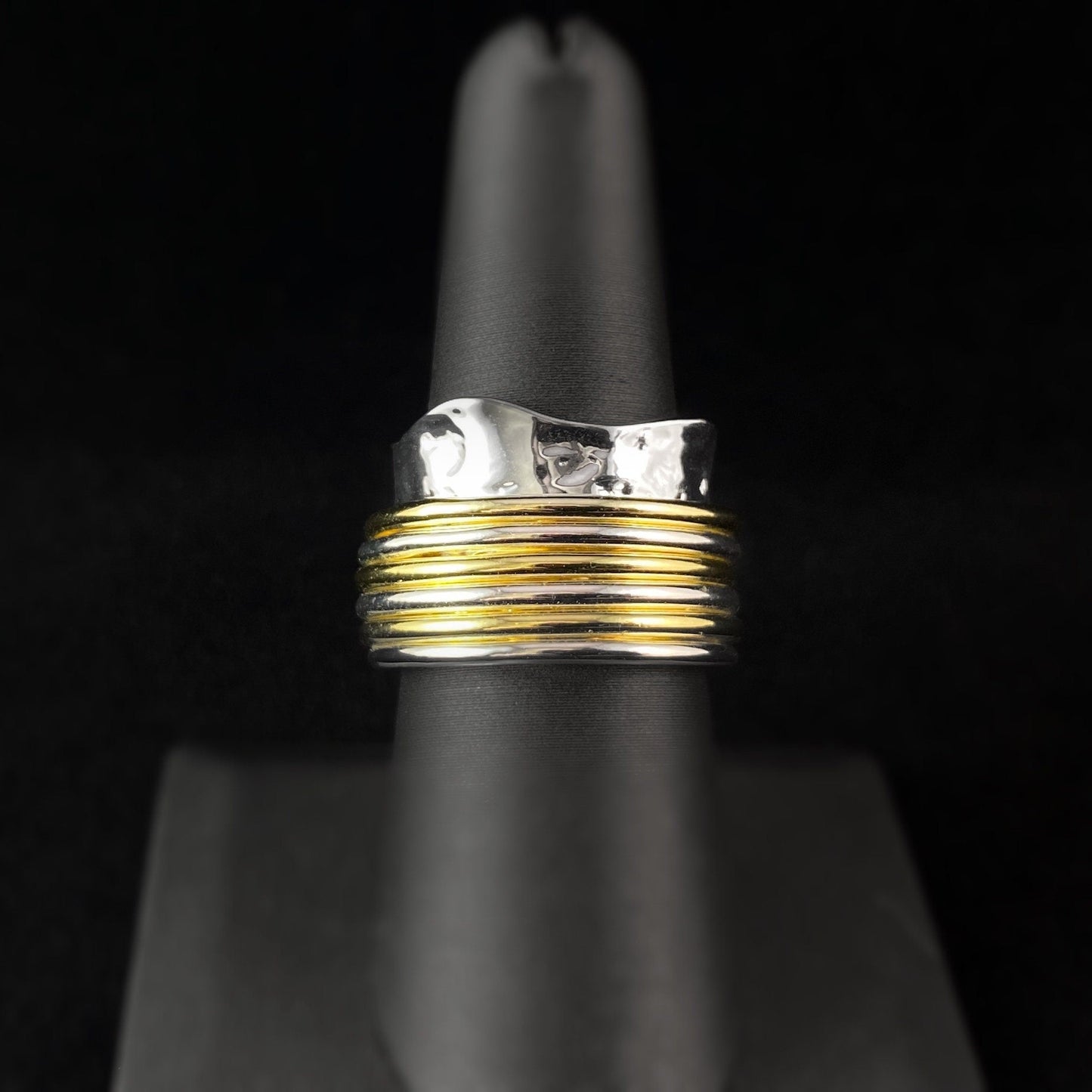 Two-Tone Fidget Ring with Banded Spinner and Hammered Sterling Silver Plated Band, Size 7