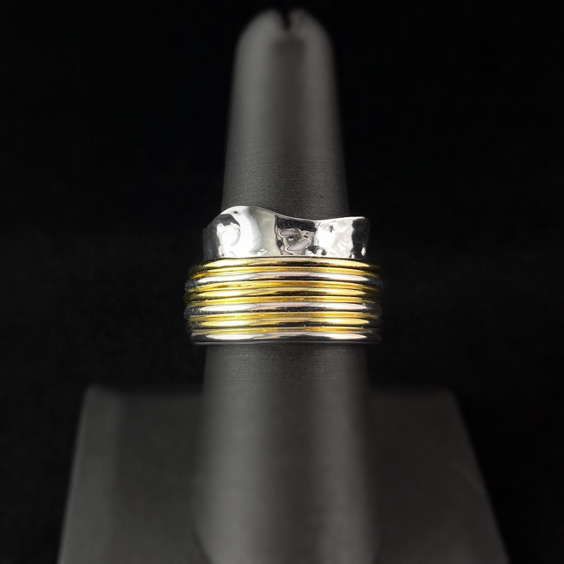 Two-Tone Fidget Ring with Banded Spinner and Hammered Sterling Silver Plated Band, Size 7