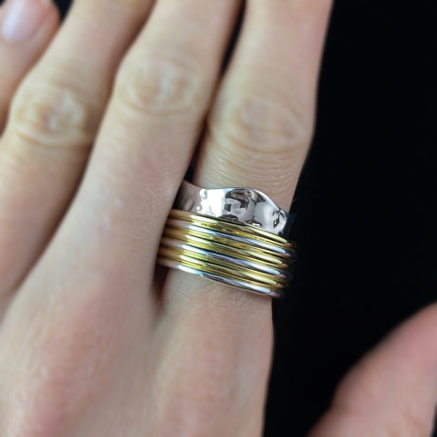 Two-Tone Fidget Ring with Banded Spinner and Hammered Sterling Silver Plated Band, Size 7