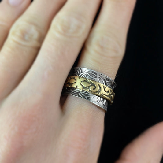 Two-Tone Fidget Ring with Floral Detailed Spinner and Hammered Sterling Silver Plated Band