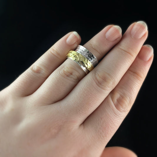 Two-Tone Fidget Ring with Leaf and Vine Detailed Spinner and Hammered Sterling Silver Plated Band, Size 8