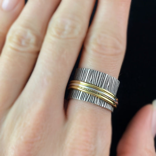 Two-Tone Fidget Ring with Textured Sterling Silver Plated Band and Triple Band Spinner, Size 7