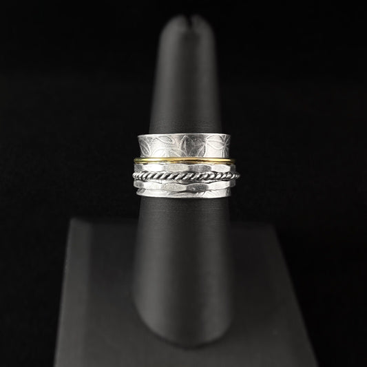 Two-Tone Fidget Ring with Textured Sterling Silver Plated Band, Size 7