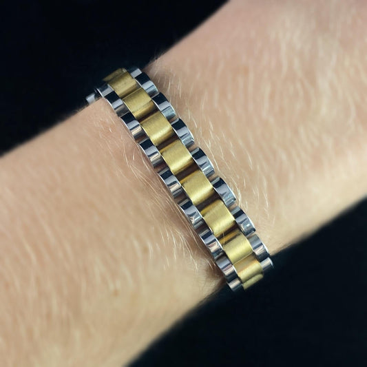 Two Tone Silver and Gold Watch Band Style Bracelet - Athena