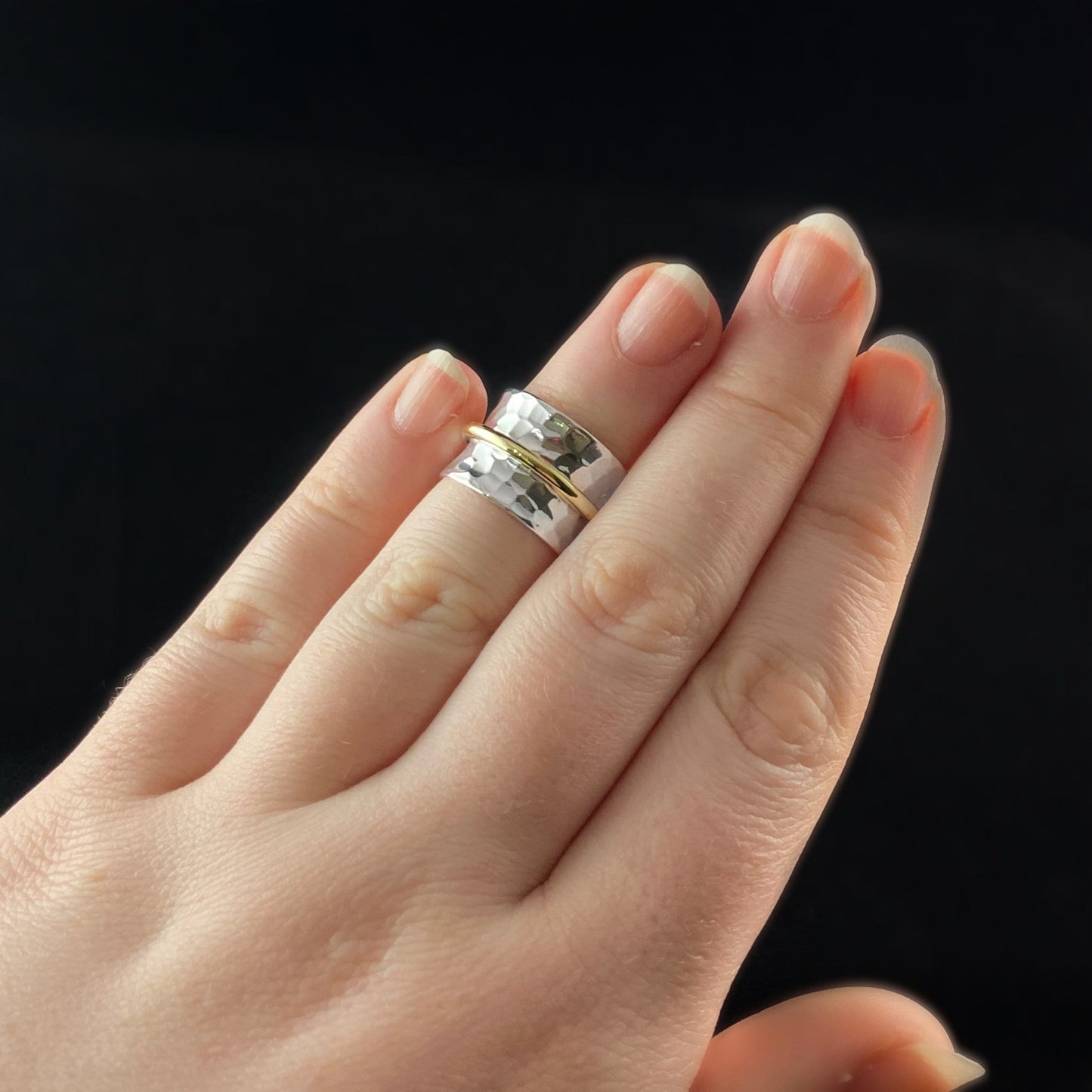 Two-Tone Statement Ring with Dainty Gold Detailing and Hammered Sterling Silver Plated Band
