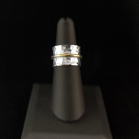 Two-Tone Statement Ring with Dainty Gold Detailing and Hammered Sterling Silver Plated Band