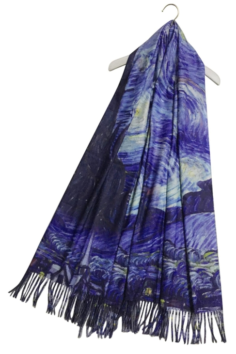 Van Gogh Starry Night Wool Scarf with Tassel Edge