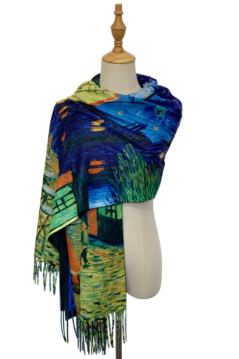 Van Gogh Terrace at Night Wool Scarf with Tassel Edge