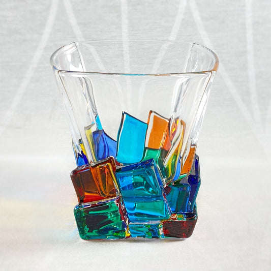 Venetian Glass Crack Whiskey Glass, Rainbow - Handmade in Italy, Colorful Murano Glass