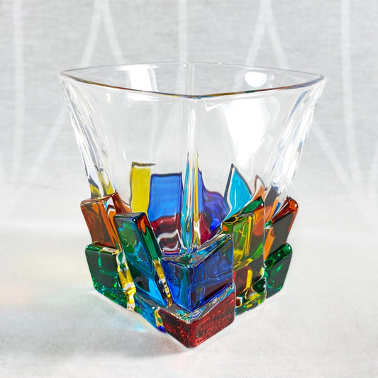 Venetian Glass Crack Whiskey Glass, Rainbow - Handmade in Italy, Colorful Murano Glass