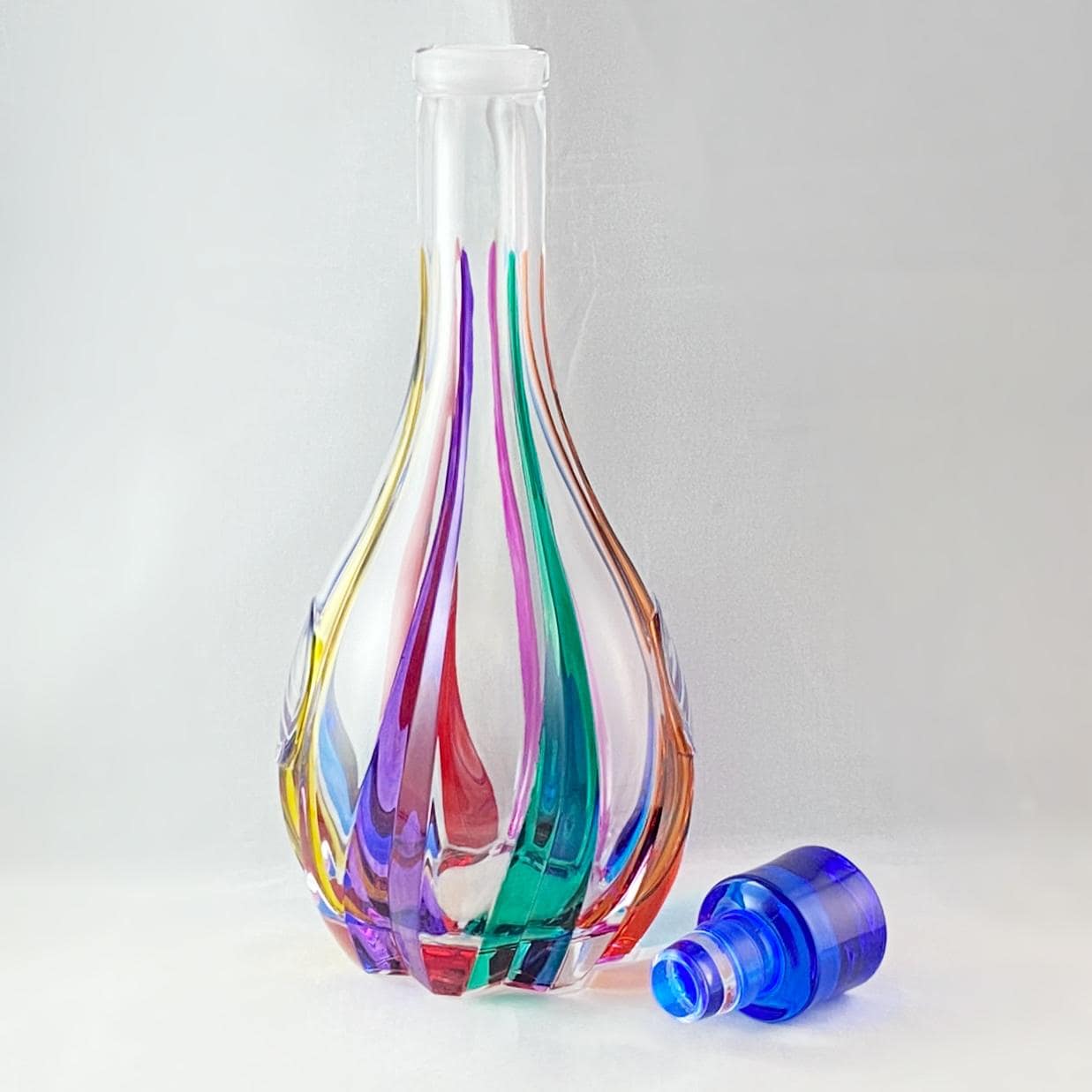 Venetian Glass Trix Whiskey Decanter, Blue Top - Handmade in Italy, Colorful Murano Glass