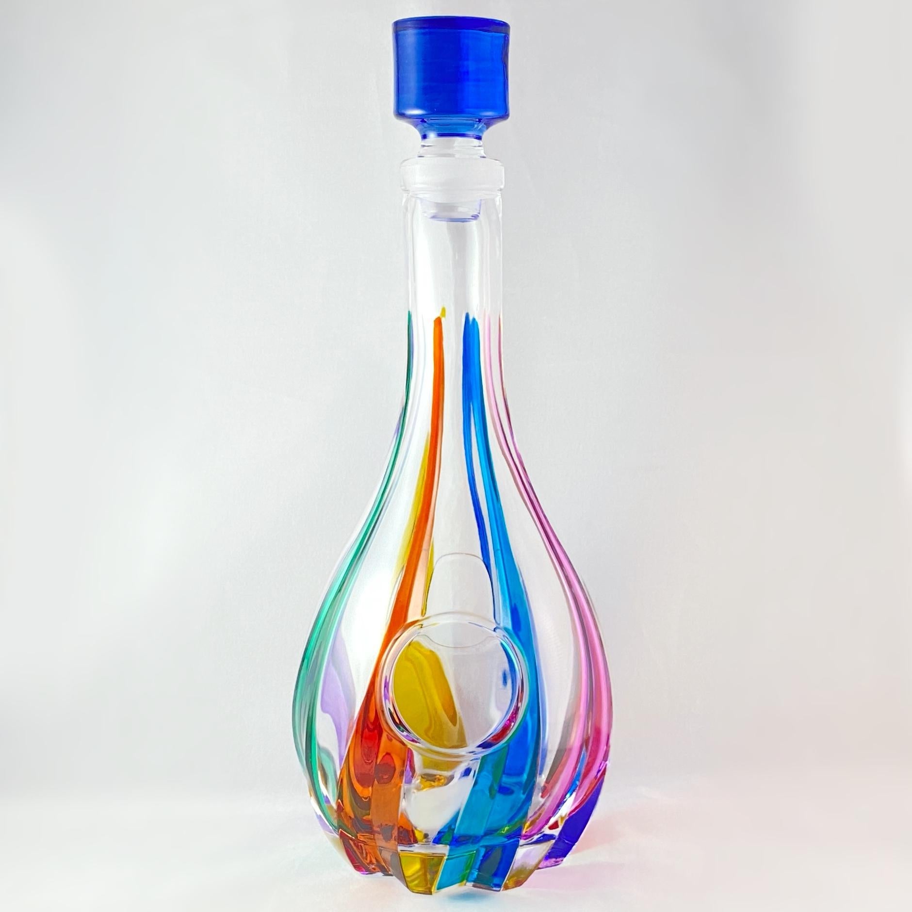 Venetian Glass Trix Whiskey Decanter, Blue Top - Handmade in Italy, Colorful Murano Glass