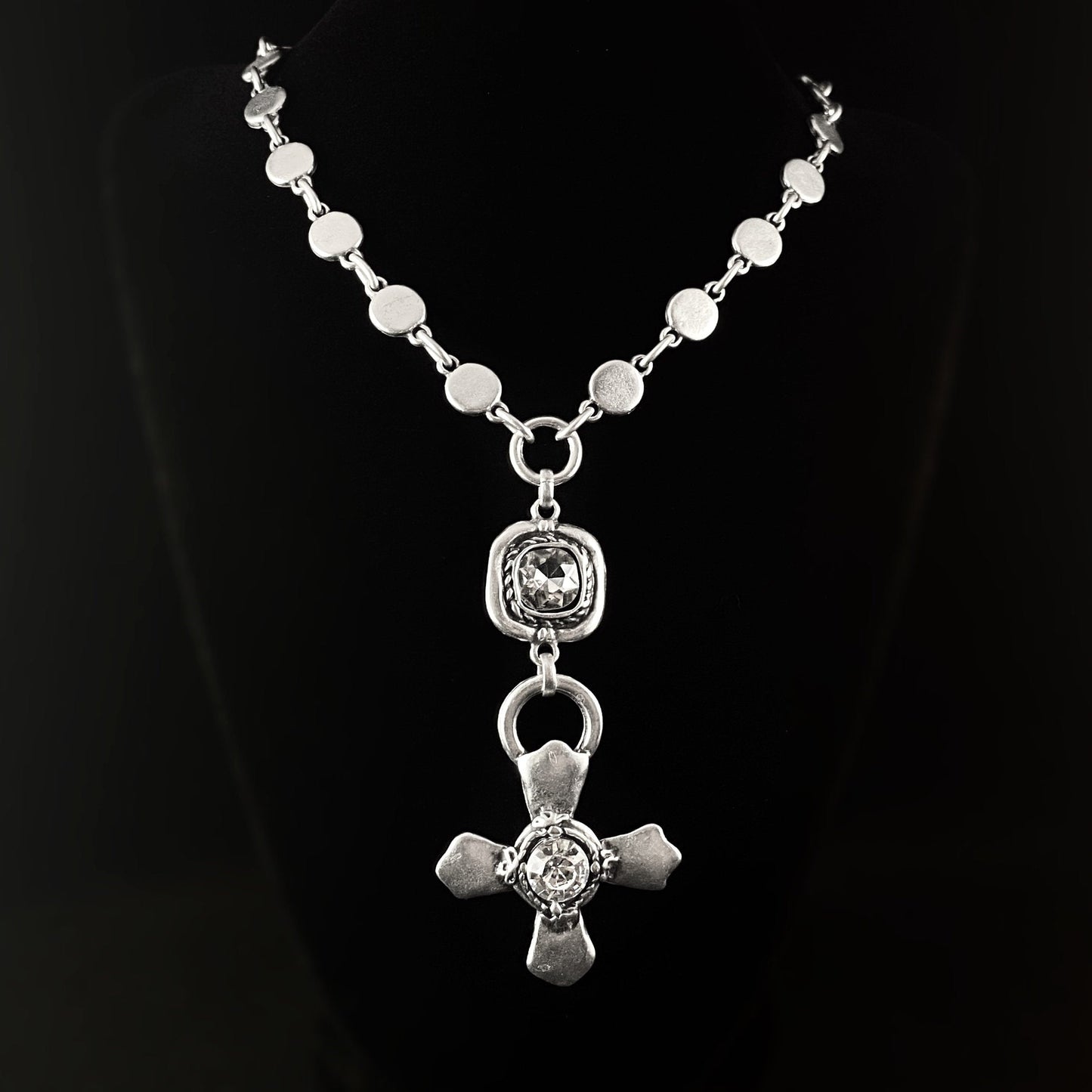 Very Long Silver Necklace with Clear Crystal and Cross Pendant Handmade, Nickel Free - Noir