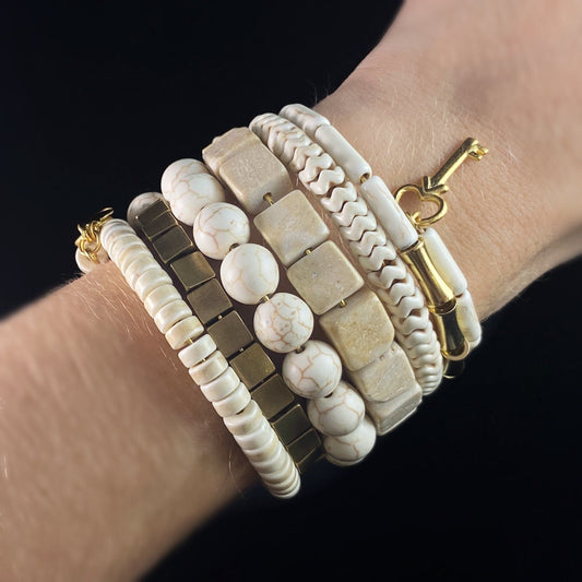 White and Gold Art Deco Style Wrap Bracelet - White Hematite and Brass - David Aubrey Jewelry