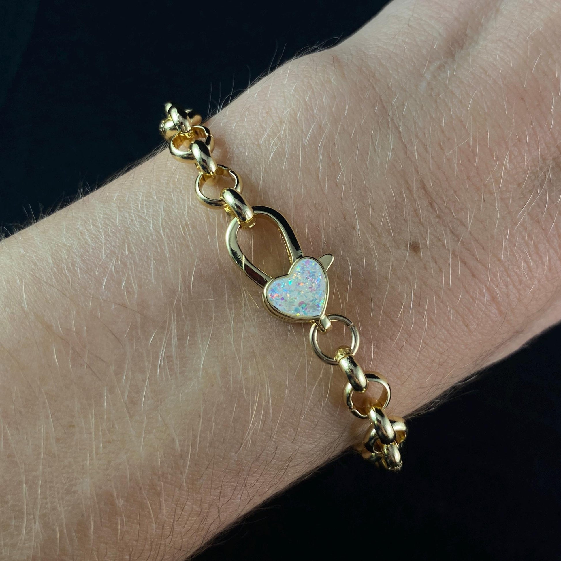 White Opal Heart Clasp with Gold Chain Bracelet - Athena