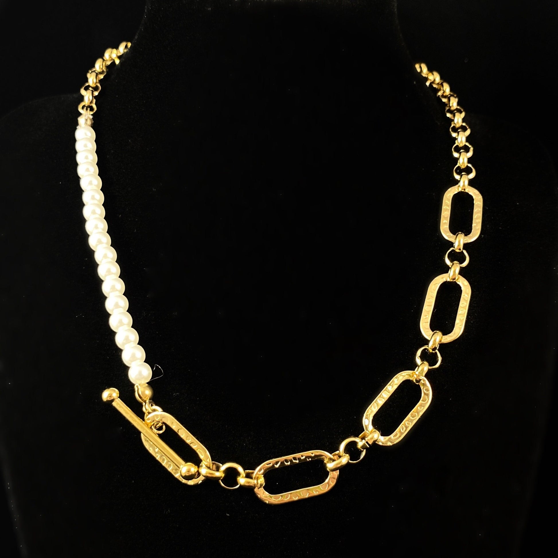 White Pearl Necklace with Decorative Chain Link Toggle Clasp