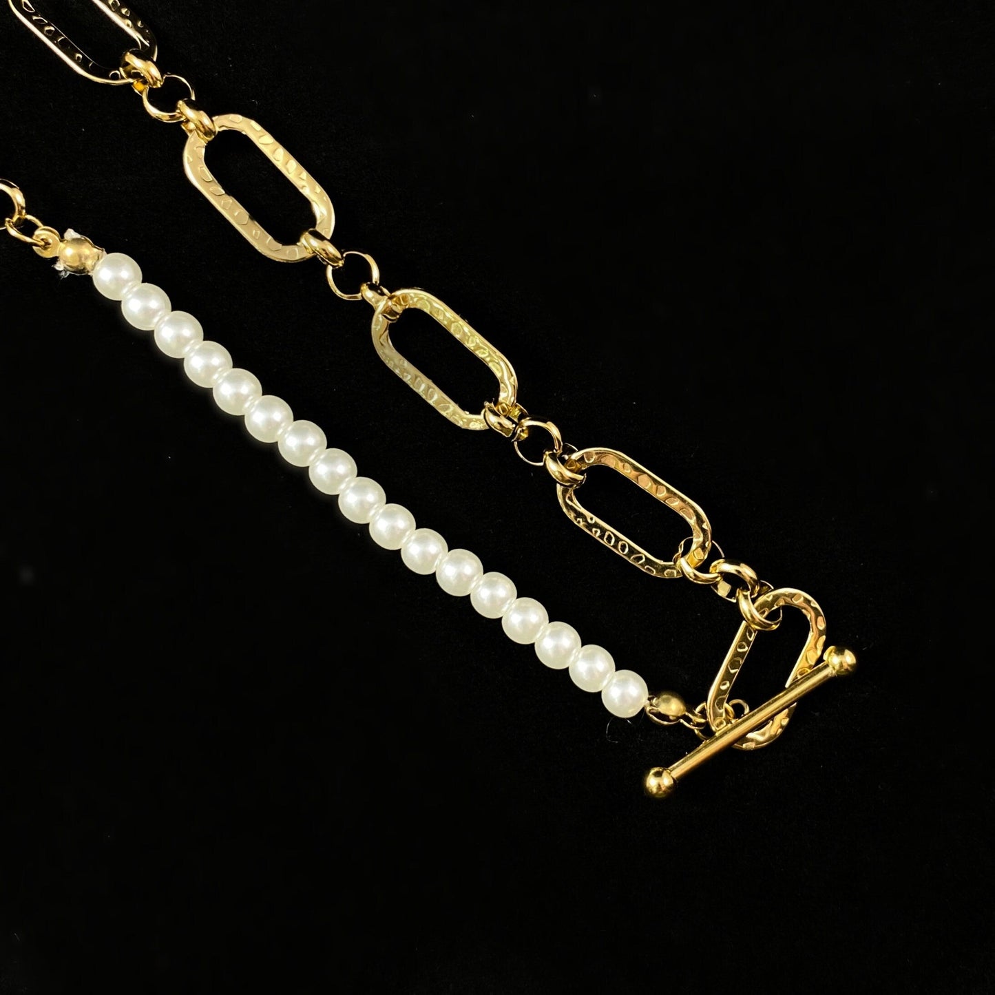 White Pearl Necklace with Decorative Chain Link Toggle Clasp